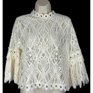 RAIN   Size M    IVORY Lace BLOUSE    3/4 Bell Sleeves- High Neck- Scalloped Hem